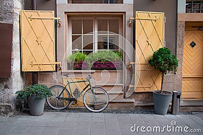 Vintage bicycle standing in the street Stock Photo