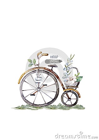 VINTAGE BICYCLES WITH BASKET FULL OF FLOWERS. Hand painting isolated watercolor illustration Cartoon Illustration