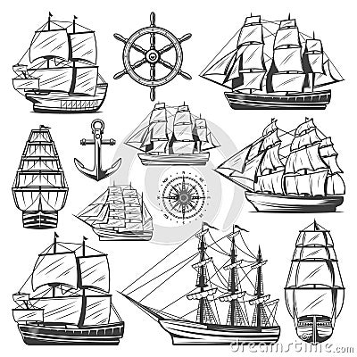 Vintage Big Ships Collection Vector Illustration