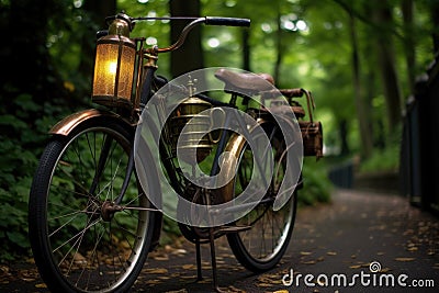 vintage bike with lantern light attached to handlebars Stock Photo