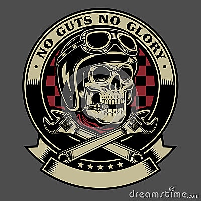 Vintage Biker Skull with Crossed Monkey Wrenches Emblem Vector Illustration