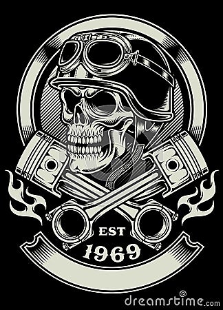 Vintage Biker Skull With Crossed Piston Emblem Vector Illustration