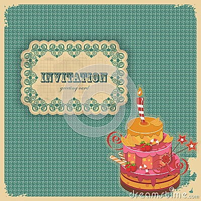 Vintage birthday card with cake and retro label Vector Illustration