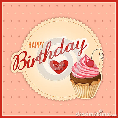 Vintage birthday card with cherry cupcake on napkin Vector Illustration