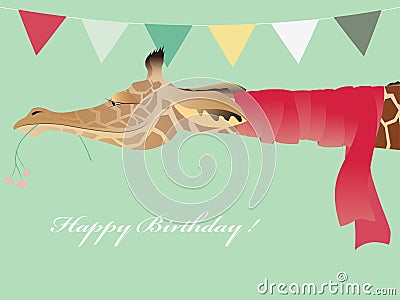 Vintage Birthday greeting card with funny giraffe with scarf Vector Illustration