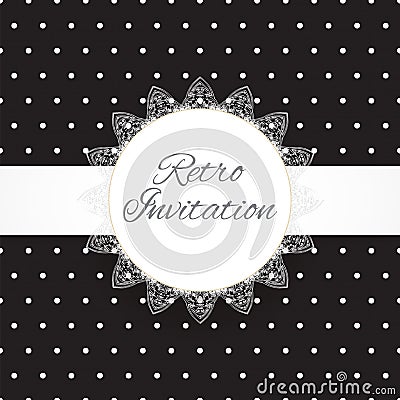 Vintage black lace polka dots vector ornament card Vector Illustration