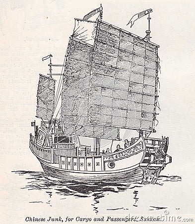Vintage black and white illustration of a Chinese Junk boat 1900s Cartoon Illustration