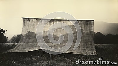 Vintage Black-and-white Image Of Crumbling Tarp In Grassy Field Stock Photo