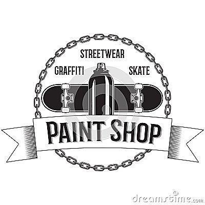 Vintage black and white logo with Spray, Skateboard, Chains. Ribbons. Vector Illustration