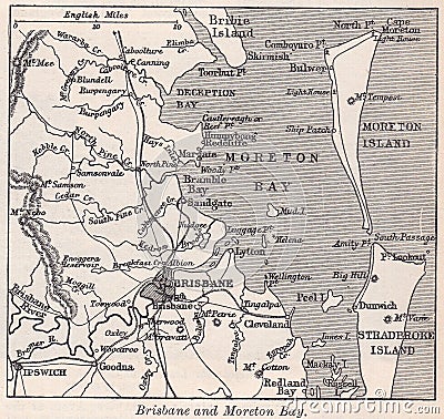 Vintage black and white map of Brisbane and Moreton Bay 1900s Editorial Stock Photo