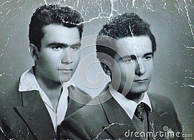 Vintage black and white photo of brothers, 1950s European. Editorial Stock Photo