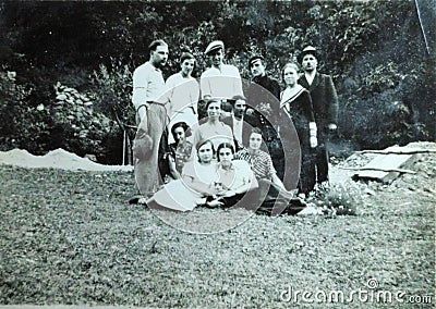 Vintage black and white photo of family, 1950s European. Editorial Stock Photo
