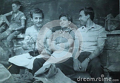 Vintage black and white photo of a group of young people 1950s European. Editorial Stock Photo