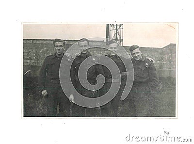Vintage black and white photo of R.E.M.E military men in uniform at Osmaston Barracks, Derby, UK 1943 No .I.T.T.C. Editorial Stock Photo