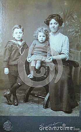 Vintage black and white photo of a Victorian family of woman and children 1880s - 1900s. Editorial Stock Photo