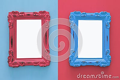 Vintage blank blue and red photo frames over double colorful background. Ready for photography montage. Top view from above. Stock Photo