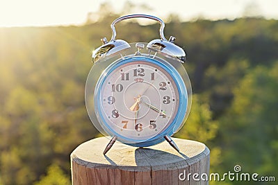 Vintage blue alarm clock on summer forest background Stock Photo