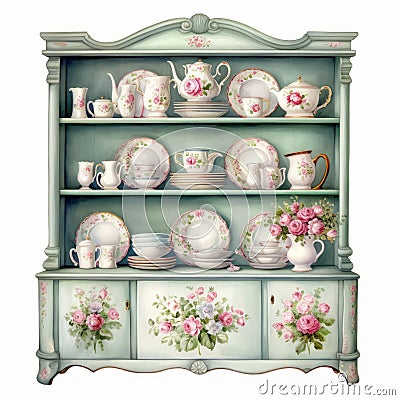 Vintage Blue Floral Painted China Cabinet - Detailed Miniatures Stock Photo