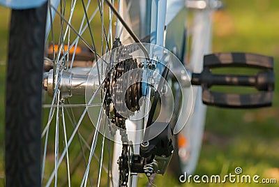 Vintage blue ladies bicycle part in the city park Stock Photo