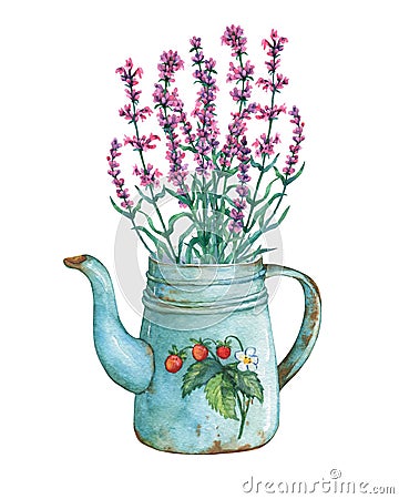 Vintage blue metal teapot with strawberries pattern and bouquet of lavender flowers. Stock Photo