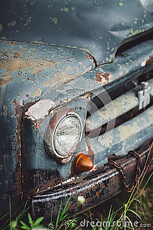 an old blue pickup truck parked in the grass with rusted paint Editorial Stock Photo