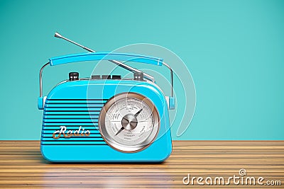 Vintage blue radio receiver on wood table. Wallpaper 3d Stock Photo