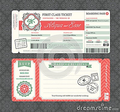 Vintage Boarding Pass Wedding Invitation Template Vector Illustration