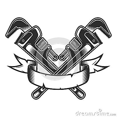 Vintage body shop mechanic spanner repair tool or construction wrench for gas and builder plumbing pipe with ribbon in monochrome Vector Illustration