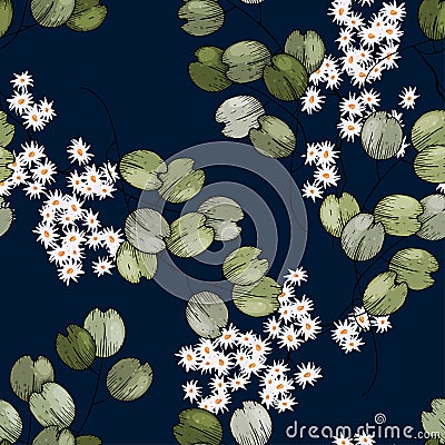 Vintage boho seamless pattern, bouquet decoration. Cute vector floral design. Bohemian garden with white chamomile flowers in hand Vector Illustration