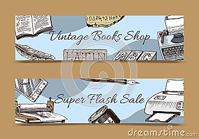 Vintage book shop set of banners vector illustration.Old books with ink quill feather pen and inkwell. Antique writing Vector Illustration