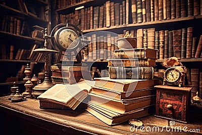 Vintage bookcase background, old hardcover books on table. Generative ai Stock Photo