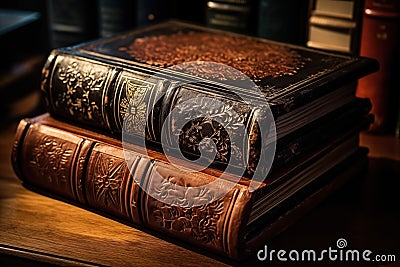 Vintage books with decorated leather covers. Stock Photo