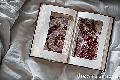 Vintage books with dried red flowers on a white bed. Concept Nostalgic and remembrance vintage background Stock Photo