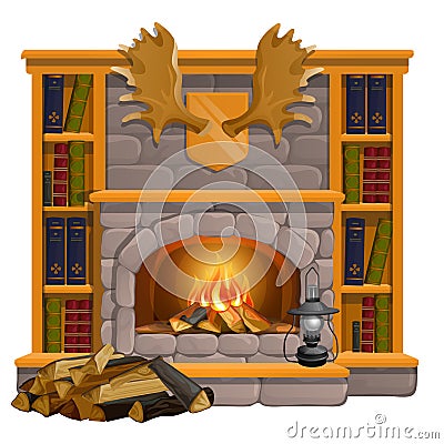Vintage books lie on the mantel in vintage style isolated on white background. Wall-mounted moose antlers, trophies of Vector Illustration