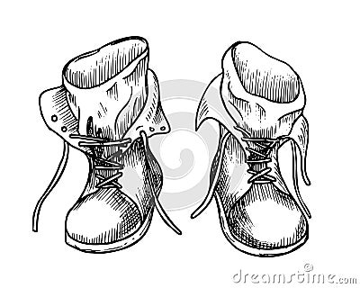 Vintage Boots for hiking vector illustration. Hand drawn linear drawing of retro leather travel shoes for tourism and Cartoon Illustration