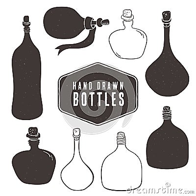 Vintage bottle collection. Hand drawn elements. Vector Illustration