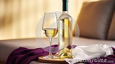 Vintage bottle of white wine with blank matte label and one glasses on purple napkin. Expensive bottle of chardonnay concept. Stock Photo