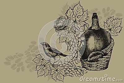 Vintage bottle of wine, ripe grapes and sitting bird. Vintage background, vector illustration Vector Illustration