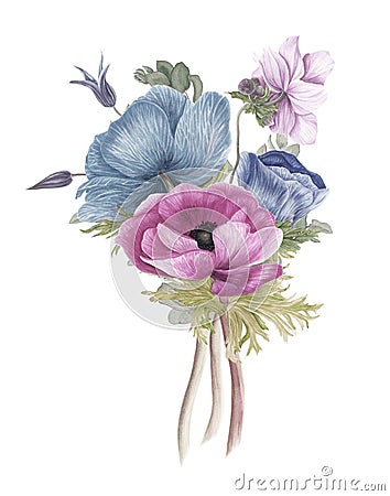 Vintage bouquet of flowers: anemones, clematis and branches of eucalyptus Stock Photo