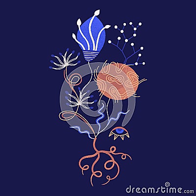 Vintage bouquet of mysterious witchcraft night flowers. Floral design with magic plants in blue and brown colors Vector Illustration