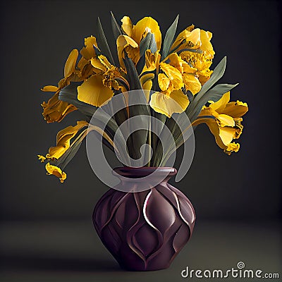 Vintage bouquet of yellow irises in a vase, ai illustration Cartoon Illustration