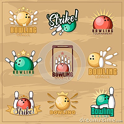 Vintage bowling emblem set. logotype template on retro grunge background. Vinage Bowling logo. vector illustration Vector Illustration