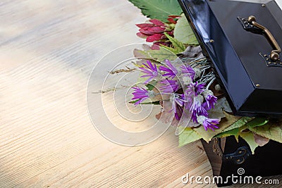 Vintage box with an open lid, under which autumn leaves and wildflowers Stock Photo