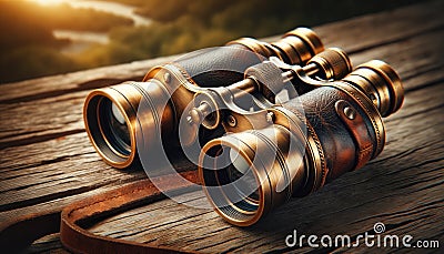 Vintage Brass Binoculars on Wooden Surface Stock Photo