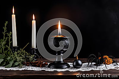 Vintage brass candelabra of five burning candles with dripping wax on a black background vertical background. photo Stock Photo