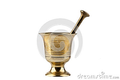 Vintage brass mortar with pestle on white Stock Photo