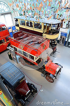 Vintage british double decker tram and bus - London transport museum Editorial Stock Photo