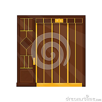 Vintage brown elevator with closed door. Old lift with golden trim. Flat vector element of retro hotel Vector Illustration