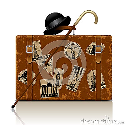 Vintage brown threadbare suitcase with walking stick, bowler hat Vector Illustration