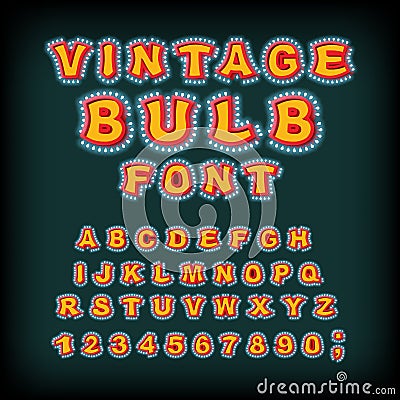 Vintage bulb font. Glowing letters. Retro Alphabet with lamps. G Vector Illustration